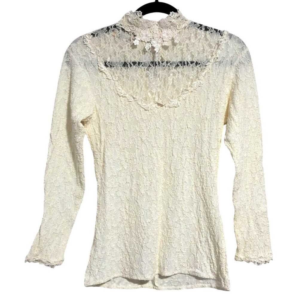 Vintage Margot Lew Lace Blouse Mock Neck Long Sleeve Ivory Coquette Victorian‎